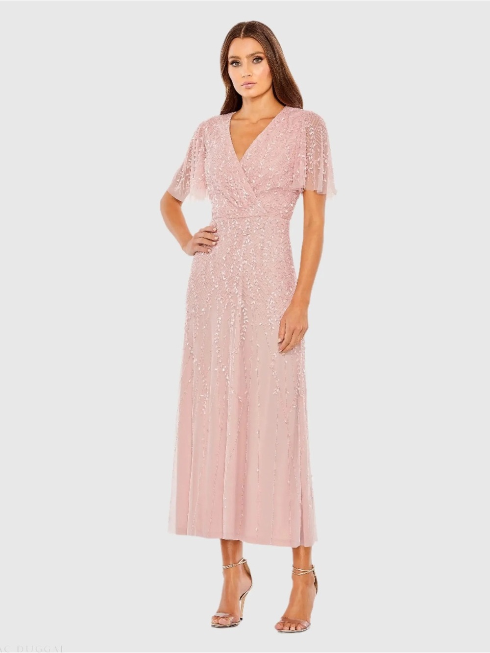 NWT Pink Beaded Wrap Over Butterfly Sleeve Dress
